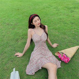 Drawstring Floral Print Spaghetti-strap Mini A-line Dress As Shown In Figure - One Size