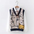Cat Print Sweater Vest / Long-sleeve Ribbon Accent Blouse /set