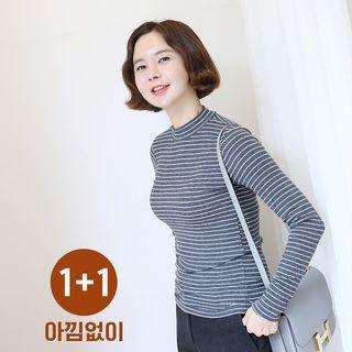 Set Of 2: Mock-neck Striped Textured Top