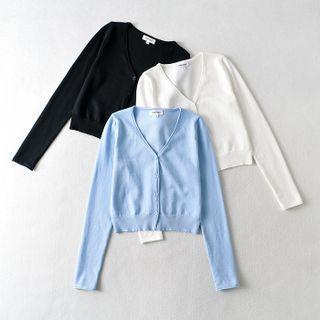 Long-sleeve V-neck Plain Button-up Knit Cardigan
