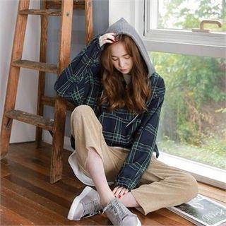 Color-block Hooded Plaid Pullover