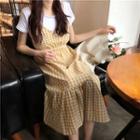 Set: Crew-neck Short-sleeve T-shirt + Checked Midi Spaghetti Strap Dress