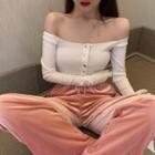 Off-shoulder Cropped Top / Velvet Wide Leg Pants