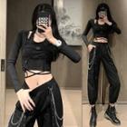 Crop Tank Top / Long-sleeve Snap Buckle Shrug / Cargo Pants With Chain / Set