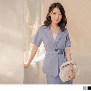 Short Sleeve Plain Tie-waist One Button Chiffon Blazer