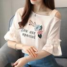 Embroidered Cold Shoulder Elbow-sleeve T-shirt
