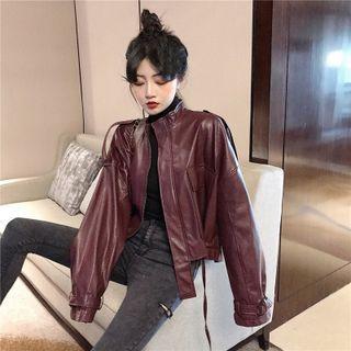 Mock-neck Plain Faux Leather Zip Cropped Jacket