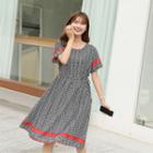 Round-neck Pattern A-line Dress Black - One Size