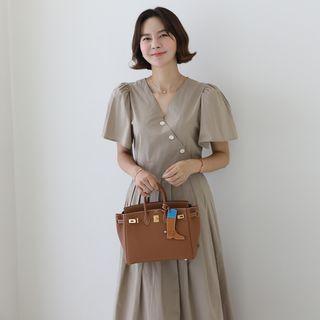 Puff-shoulder Diagonal-buttoned Long Dress