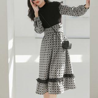 Knit Panel Bow Print Midi A-line Dress
