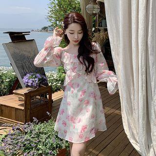 Long-sleeve Floral Ruffle Mini A-line Dress