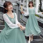 Lace Trim Color Block Long-sleeve Midi A-line Dress