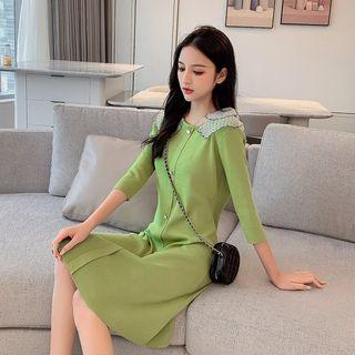 Dotted Panel 3/4-sleeve Knit A-line Dress