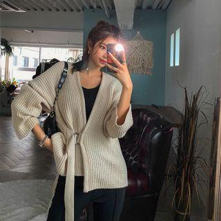 Buckled Rib-knit Wrap Cardigan