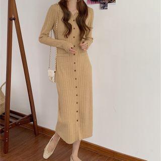 Collared Button-up Midi Ribbed Knit Dress