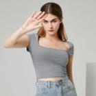 Short-sleeve Plain Square-neck Ribbed Top