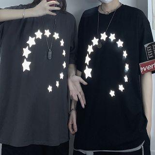 Reflective Star Print Elbow-sleeve T-shirt