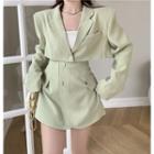 Padded Shoulder Cropped Blazer /mock Pocket Button-up Mini Skirt
