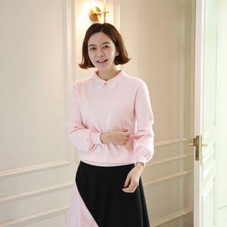 Frilled-collar Faux-pearl Knit Top