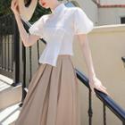 Set: Puff-sleeve Qipao Top + Pleated Midi A-line Skirt