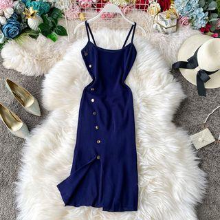 Button Detail Spaghetti Strap Knit Dress