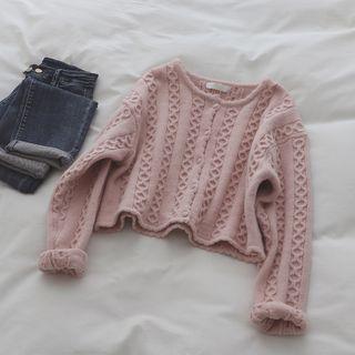 Crewneck Plain Long-sleeve Cardigan Pink - One Size