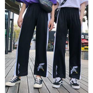 Crane Embroidered Wide-leg Pants
