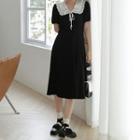 Ruffled Collar Short-sleeve Midi Dress Black - One Size