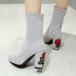 Faux Suede Rose Embroidered Chunky Heel Short Boots