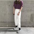 Plain Loose-fit Short-sleeve T-shirt Purple - One Size