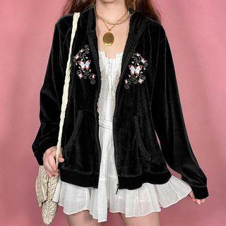 Long Sleeve Butterfly Print Velvet Loose-fit Hooded Jacket