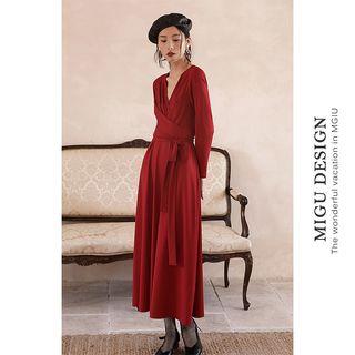 V-neck Long-sleeve Tie-front Midi A-line Dress