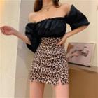 Off-shoulder Puff-sleeve Blouse / Leopard Print Mini Skirt