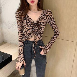 Long-sleeve Tiger Print Drawstring Cropped T-shirt