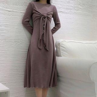 Bow Long-sleeve A-line Midi Dress