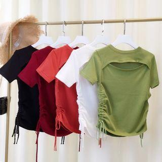 Short-sleeve Cutout Drawstring Cropped T-shirt