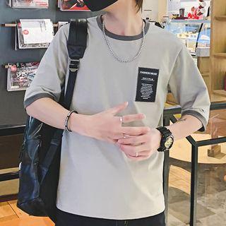 Elbow-sleeve Contrast Edge Lettering T-shirt