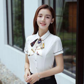 Contrast Trim Short-sleeve Shirt With Neck Scarf / High-waist Pencil Skirt