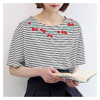 Cherry-embroidered Stripe T-shirt