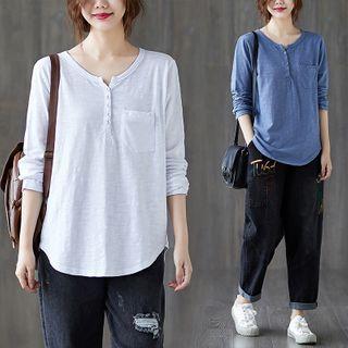 Long-sleeve Slub Placket T-shirt