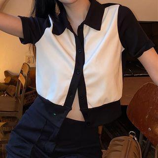 Short-sleeve Two-tone Knit Top Almond - One Size