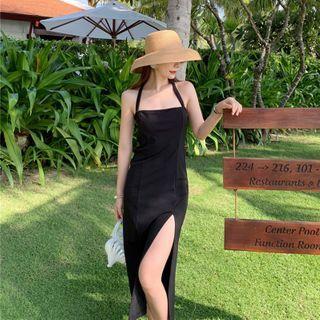 Halter Sleeveless Slit Midi A-line Dress