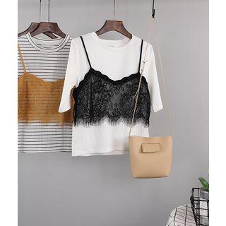 Set: Elbow-sleeve T-shirt + Spaghetti Strap Lace Top