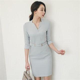 Elbow-sleeve Sheath Dress With Belt