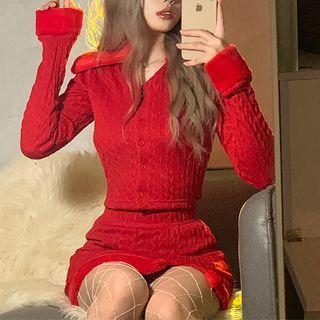 Set: Long-sleeve Fluffy Trim Button-up Knit Top + Mini Skirt