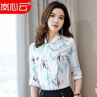 Elbow-sleeve Bird Print Blouse / Straight-fit Skirt / Set