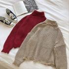 Distressed Turtle-neck Long-sleeve Knit Top