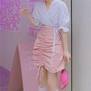 Puff-sleeve Wide Collar Crop Blouse / Plain Drawstring A-line Skirt