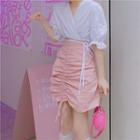 Puff-sleeve Wide Collar Crop Blouse / Plain Drawstring A-line Skirt