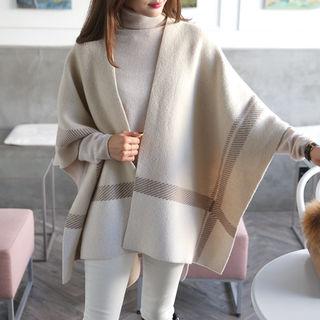 Plaid Open-front Wool Blend Cardigan